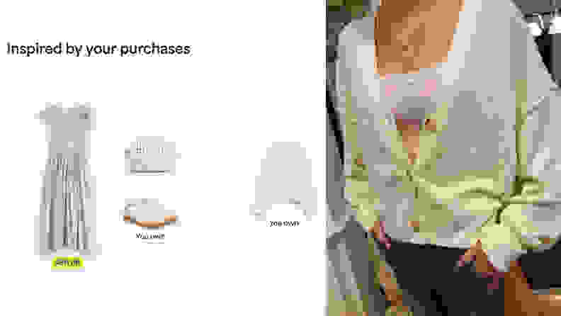 A close-up of a white cardigan, and also a screenshot from the Stitch Fix website.