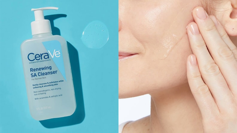 On the left: A bottle of cleanser laying on a blue background. On the right: A person applying face wash to their face.