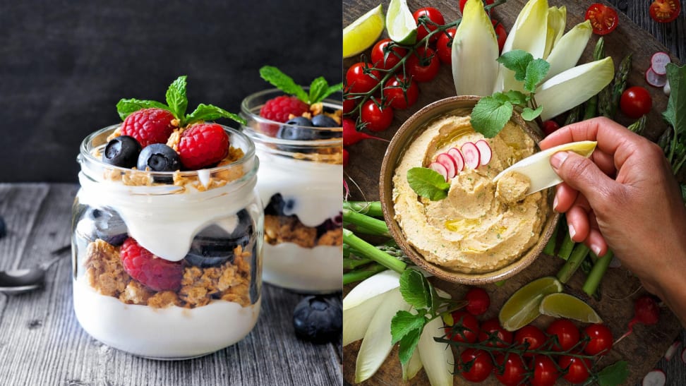 Yogurt parfait and hummus