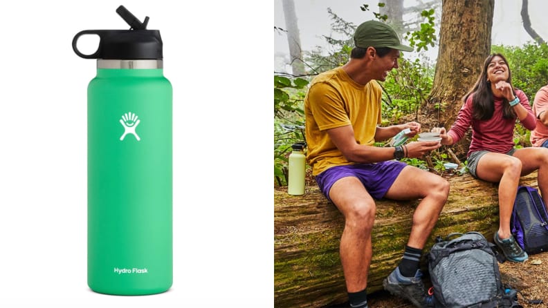 A Hydro Flask and a man and woman in the woods with Hydro Flasks, among the best 30th birthday gift ideas.