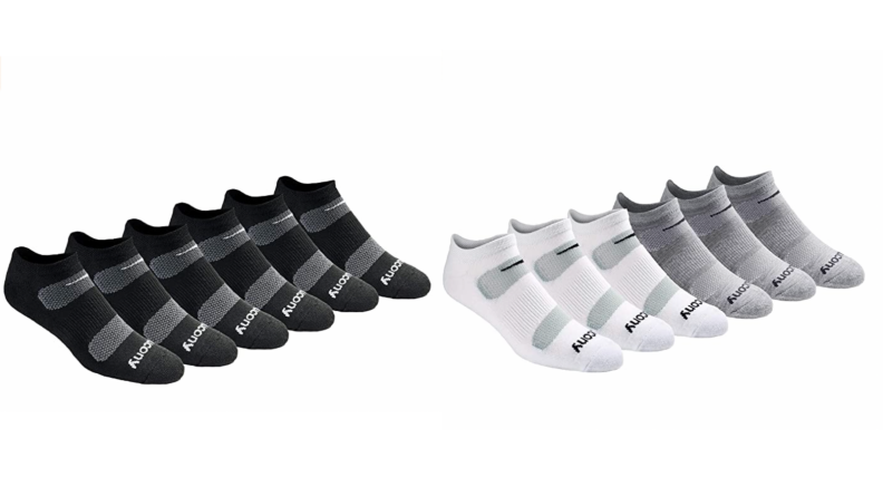 Six-pack of Saucony no-show socks for running, training, and working out.