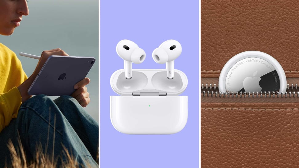 Photo collage of Apple AirPods, the Apple Pencil and a row of four Apple AirTags.