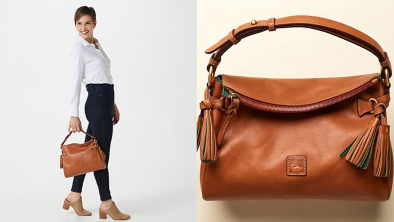 Left: Woman carrying brown leather handbag, Right: brown leather handbag on yellow background