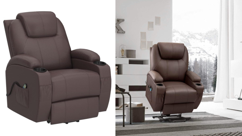Side-by-side image of a brown Victone Electric Power Lift Recliner Chair. At left, the chair on a white background. At right, the chair seated in a living room