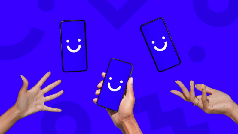 Visible phones in hands on a blue background