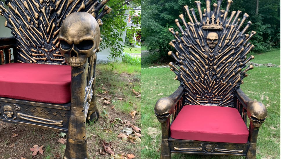 Three different angles of the Bone Throne chair outdoors.