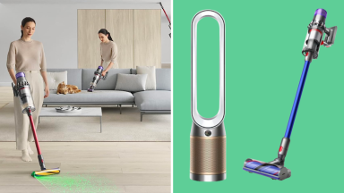 People using Dyson vacuums to clean, and an image of a Dyson air purifier and vacuum.
