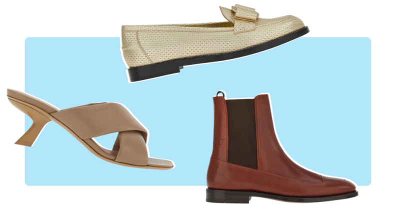 A gold flat, short brown angular heels, and a brown leather Chelsea boot.