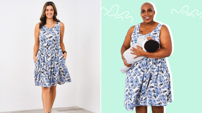 Models wearing the floral blue Sunkissed Nursing Sundress while holding small child.