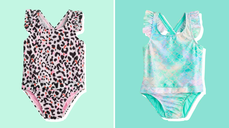 Two colorful printed one-piece swimsuits on a green background.