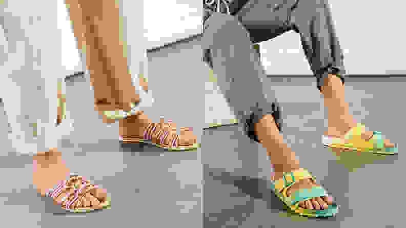 Bright colored sandals on women's feet.