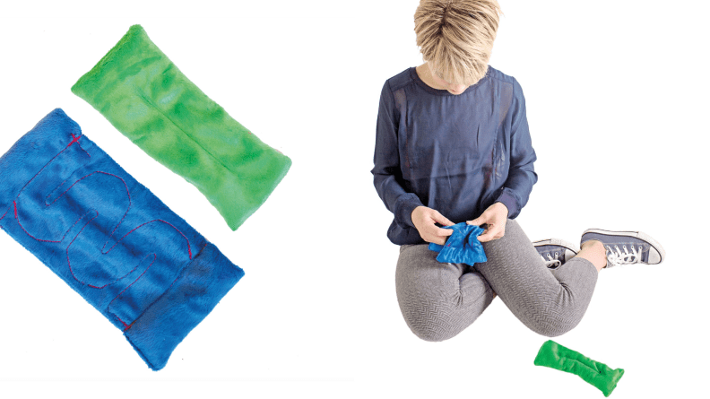 Left: One blue bean bag and one green bean bag; right: A child works a marble through a maze in a bean bag.