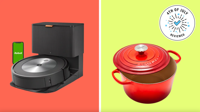 On left, black robot vacuum. On right, red dutch oven.