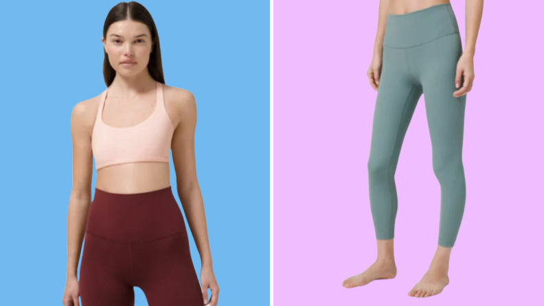 Collage featuring a photo of a woman wearing a workout set from Lululemon and a photo of Lululemon leggings.