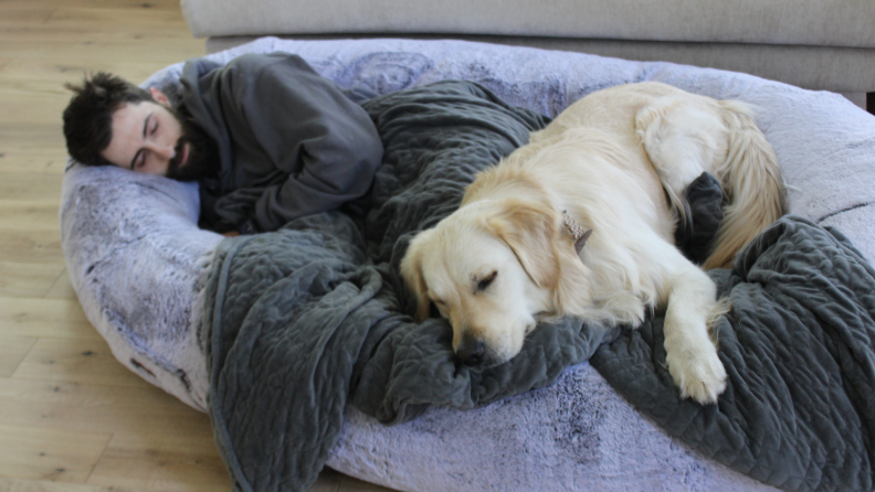 A man and a dog sleeping on a Plufl bed.