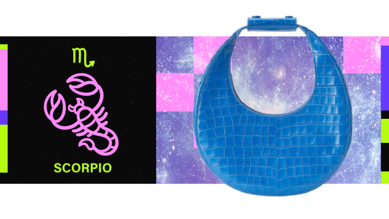 On the left is the symbol for Scorpio, and on the right is a bright blue handbag that has a half-moon shape.