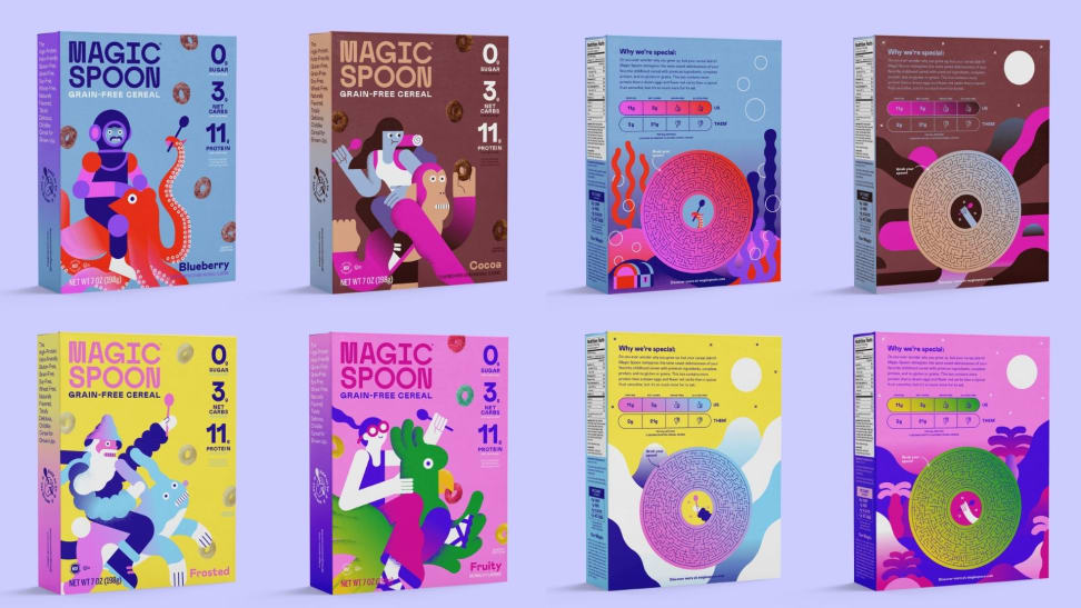 Eight boxes of Magic Spoon cereal on purple background