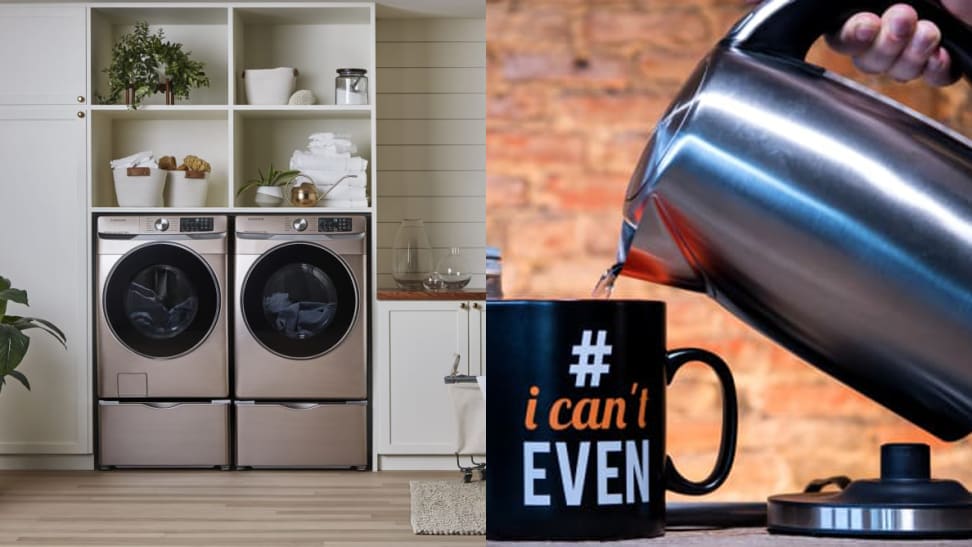 Left: Samsung washer and dryer combo. Right: Electric kettle pouring water into a mug.