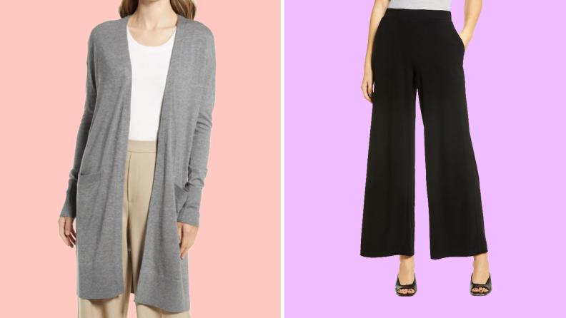 An image of a model in a longline gray cardigan next to an image of a model in a pair of wide leg, high-waisted pants.