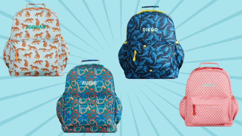 Four different Crate & Barrel Kids backpacks