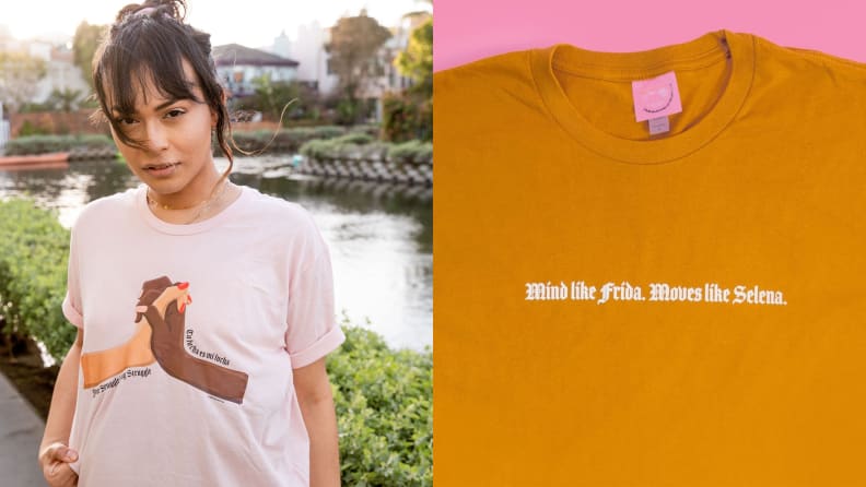 A woman wearing a shirt next to the close up of an orange shirt