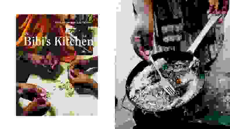 Left: A photo of the cookbook, In Bibi's Kitchen. Right: A woman mixes food in a pan over an open flame.