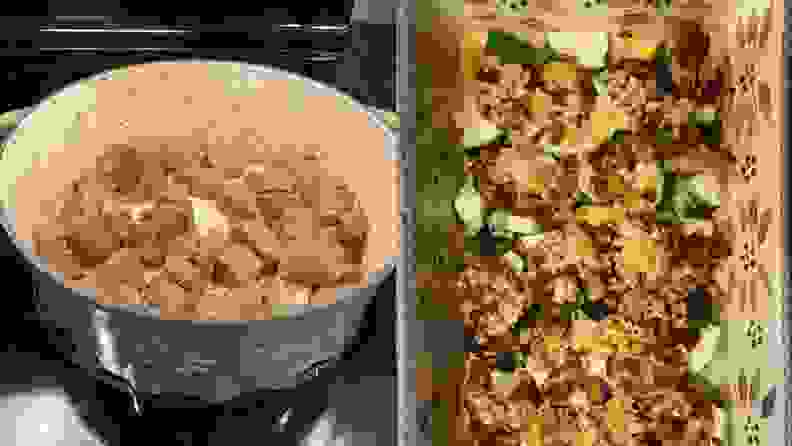 On left, pieces of meat browning in the Dutch oven on a stove. On right, shrimp and vegetables in Temp-tations bakeware.