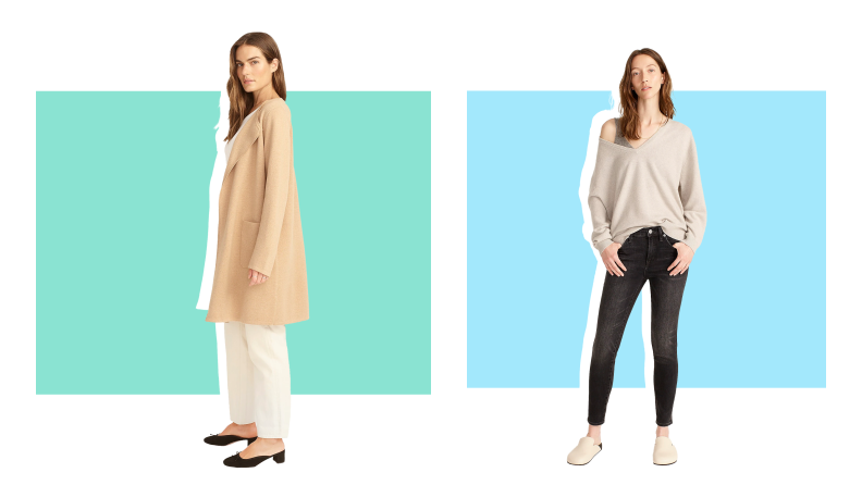 On right, model wearing camel coat and white pants. On right, model wearing black denim and gray off the shoulder shirt.