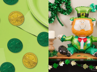 St. Patrick's day decorations; coins on a green background and a leprechaun balloon on a table
