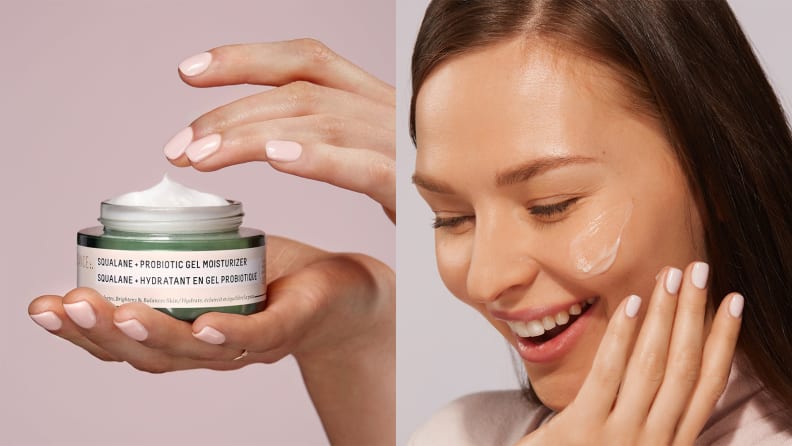 On the left: A hand holding a green and gold jar uncapped to reveal a white cream. On the right: A closeup on someone's face as they apply white cream to their cheek.