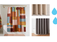 Three shower curtains in bathroom settings tiled on a single image