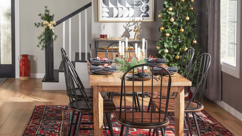 A dining room decorated for Christmas.