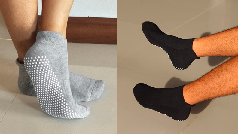 Person wearing hospital grip socks on feet.