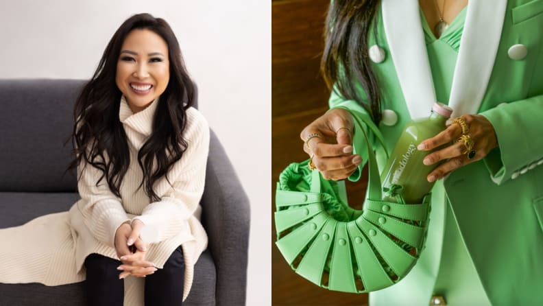 Left: headshot of CEO Julie Nguygen. Right: Hand putting a bottle of green juice into green purse