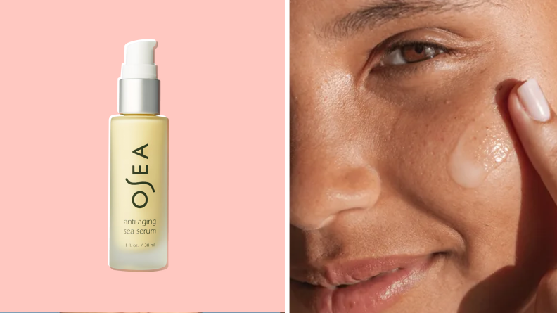 On the left: A pump bottle with an off white liquid inside on a pink background. On the right: A closeup of a model applying skincare to their cheek.