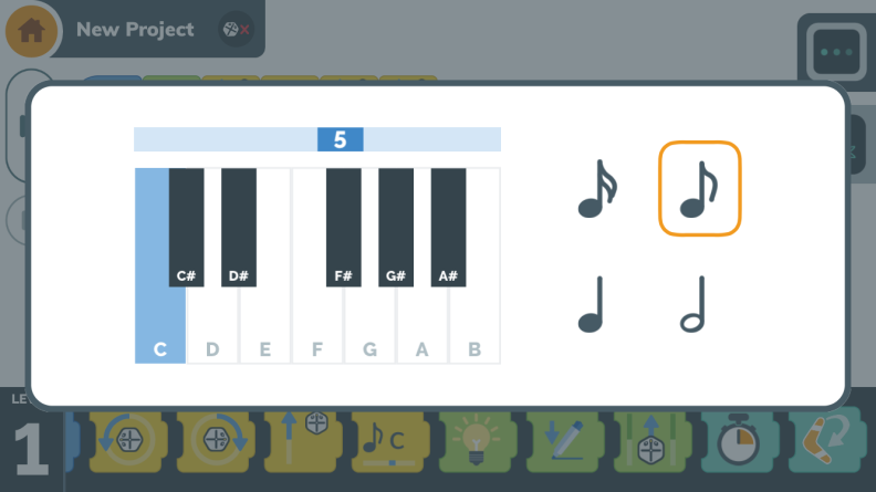 You can select the tone, octave, and time duration for each music note in the Root Coding app.