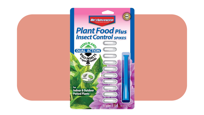 Product shot of the BioAdvanced Insect Control Spikes inside of package with plant on the front in front of pink background.