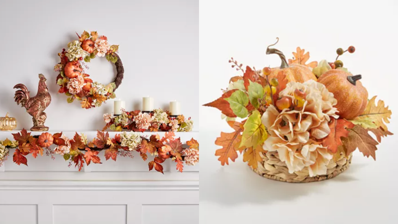 Left: fall wreath, fall garland, fall candles on a hearth next to a rooster decor piece, right: close-up of fall centerpiece