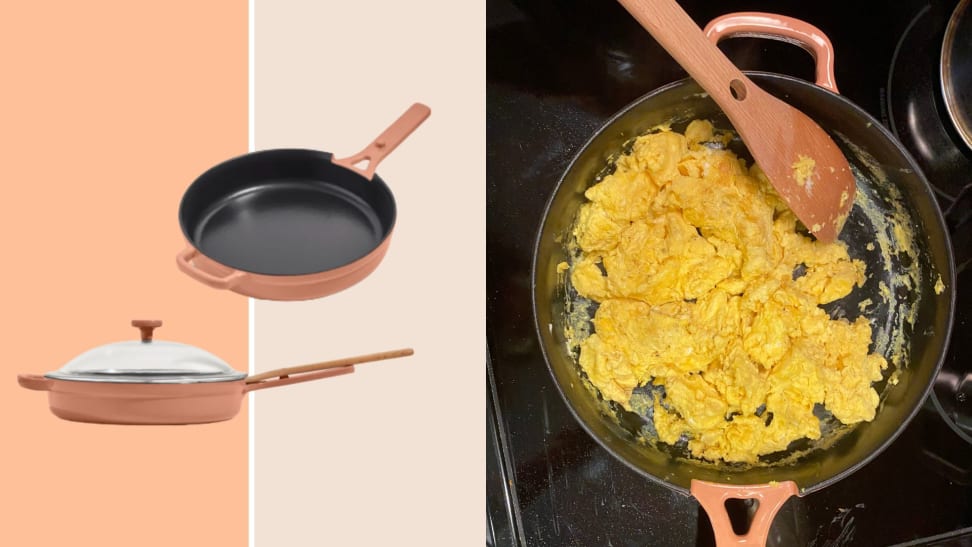 1) Two images of a pink Our Place Always cast iron pan against a multicolored background. 2) Eggs simmer in a pan on a stovetop.