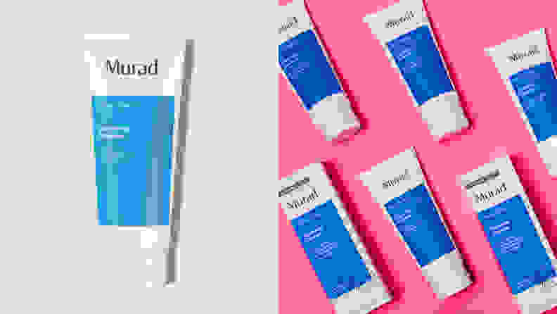 On the left: The blue and white Murad Acne Control Clarifying Cleanser bottle stands on a white background. On the right: Several Murad Acne Control Clarifying Cleansers lay on a hot pink background equally spaced out.