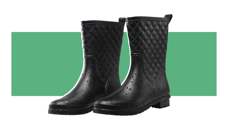 A pair of black Petrass Mid Calf Rain Boots displayed in front of a green stripe background.