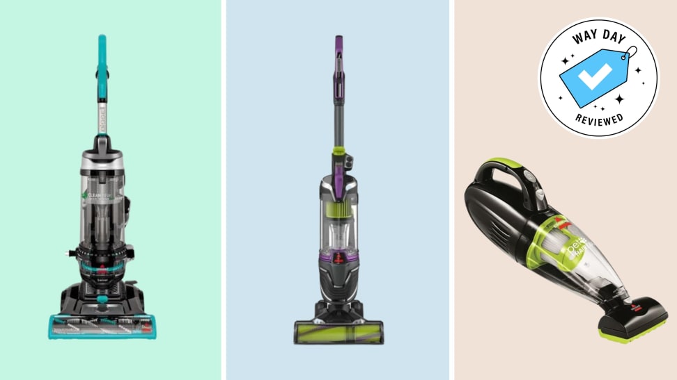 Three Bissell vacuum cleaners with the Way Day Reviewed badge in front of colored backgrounds.