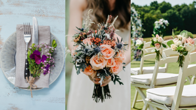 1) A spring-themed table setting with fresh flowers. 2) A person holds a bouquet of wildflowers. 3) Audience seats at an outdoor wedding.