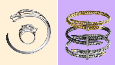 A background of tan and lavender rectangles features the John Hardy Naga Ring and Bracelet, next to a stack of John Hardy Spear bracelets in yellow gold, white gold, and silver.