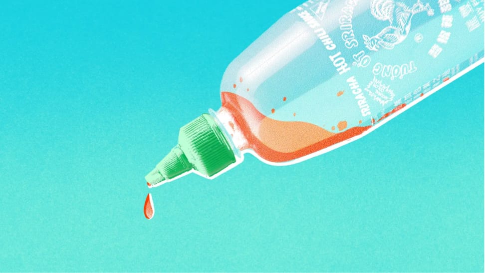Illustration of nearly-empty bottle of Hoy Fong's Sriracha sauce pouring out a drip of the sauce over a teal background