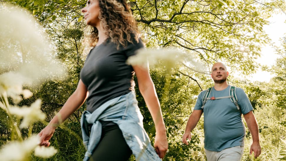 woman and man on an outdoor hike