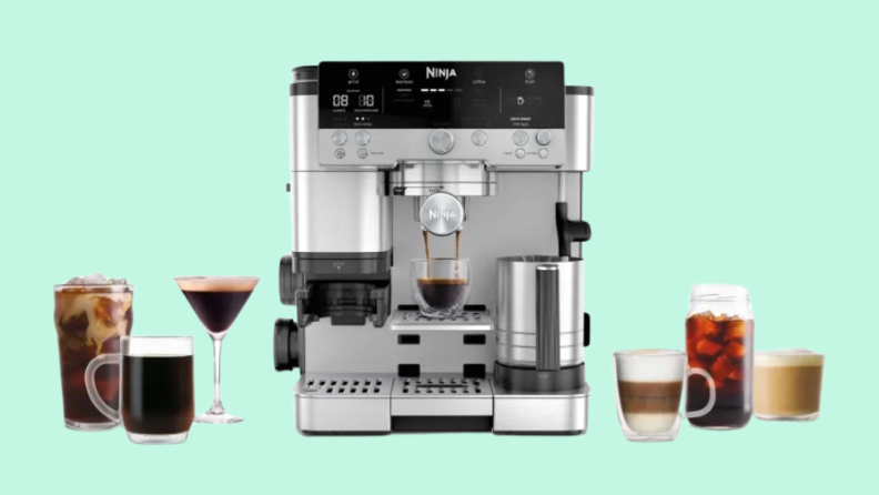 The Ninja Luxe Café Premier Series Espresso Machine Drip Coffee Maker & Cold Brew Machine surrounded by espresso drinks in variously shaped glasses.