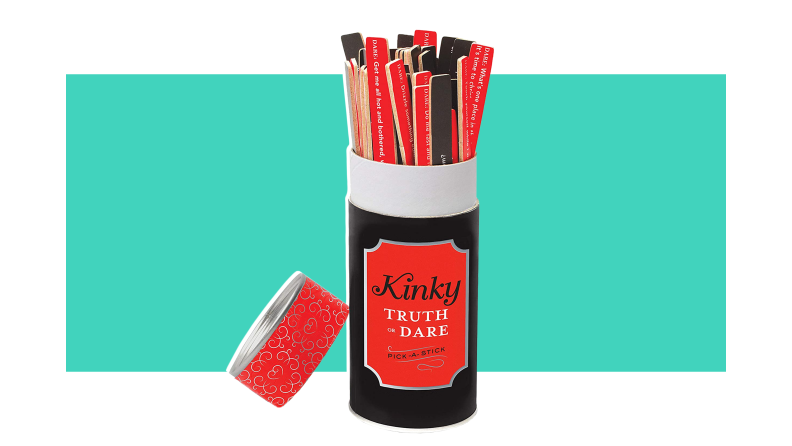 Kinky Truth or Dare: Pick-A-Stick game on a cyan background.