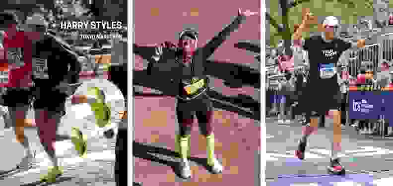 Harry Styles, Cynthia Erivo, and Ashton Kutcher each run a race on the street wearing Nike Alphafly 3 sneakers