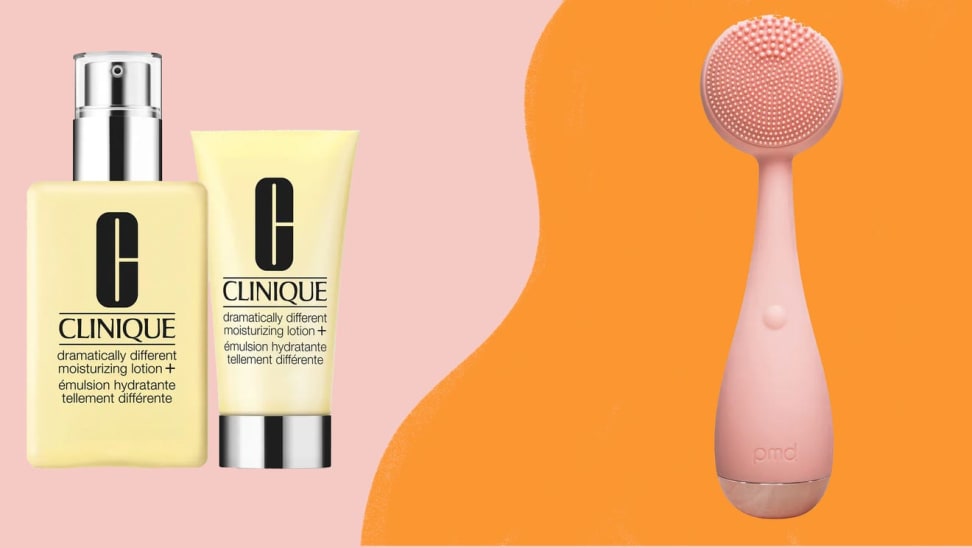 On left, Clinique Dramatically Different Moisturizing Lotion+ in front of pink background. On right, pink PMD Clean Facial Cleansing Device in front of orange background.